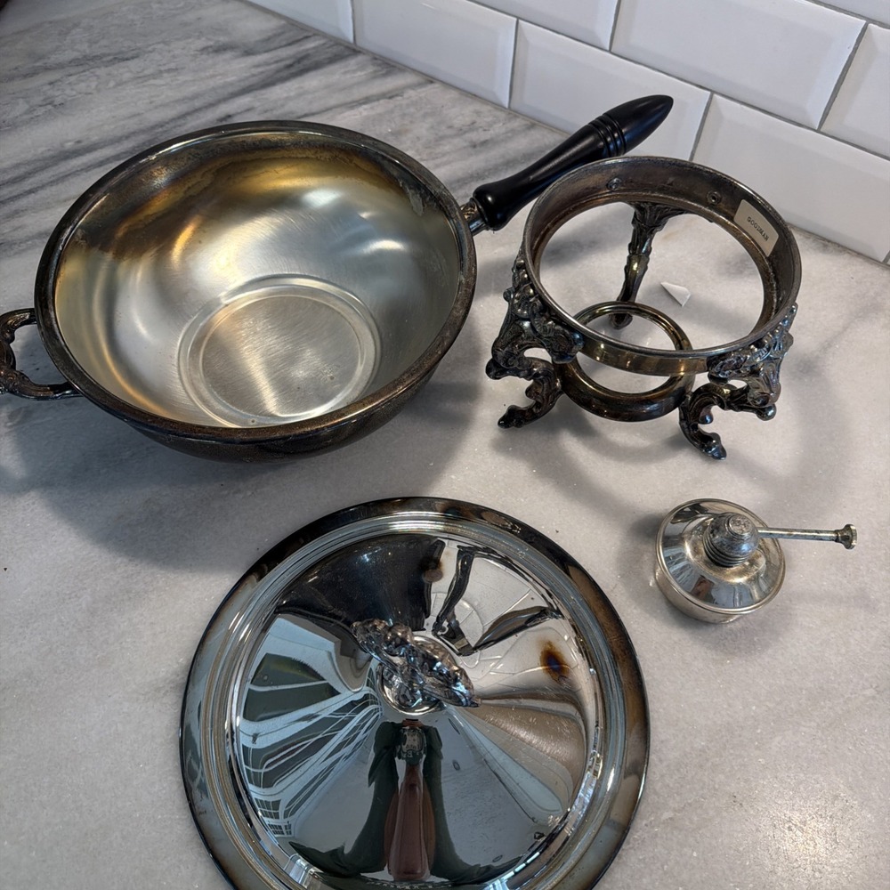 Vtg. Silverplate Covered Chaffing Dish w/ Stand, Burner OLA007 - Picture 11 of 15